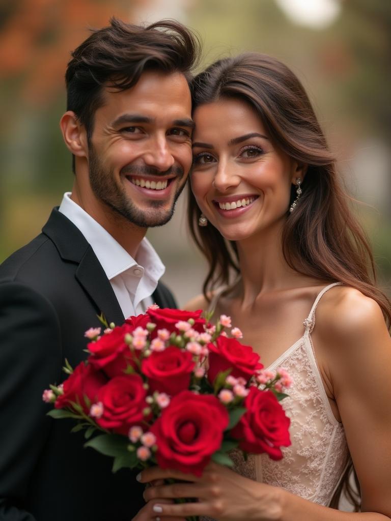 Cuplu fericit cu buchet de flori de Valentine's Day